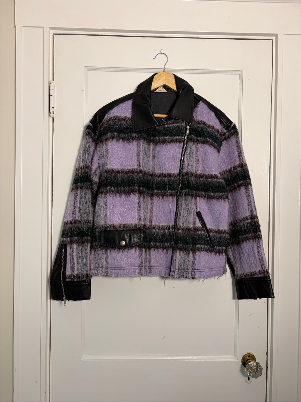 POL Lavender Plaid Leather-Trim Moto Jacket